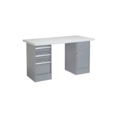 Global Equipment 60 x 24 Pedestal Workbench 3 Drawers   1 Cabinet, Laminate Square Edge Gray 253786